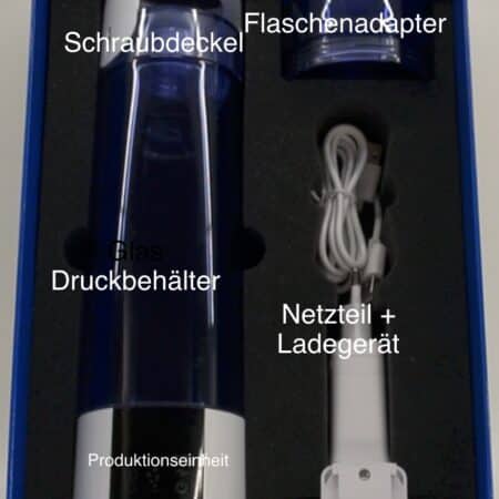 Highdrogen Age2Go Wasserstoffbooster | BlueWater-900-Lieferumfang-Schraubdeckel-Druckbehaelter-Flaschenadapter-Netzteil-Ladegeraet